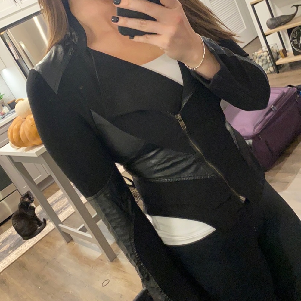 Mixed material faux leather asymmetrical jacket